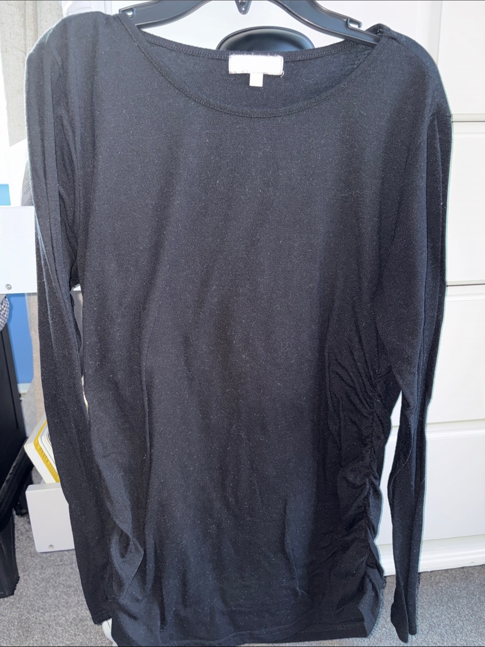 Women's Black Long-Sleeve Crewneck Top with Side Ruching